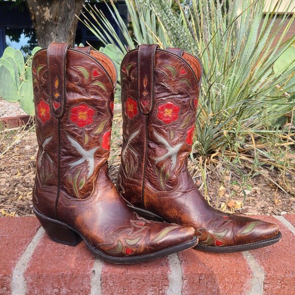 Vtg Dan Post Brown Pointed Toe Boots 6.5 Embroidered Flowers Bluebirds Hearts - Picture 2 of 15